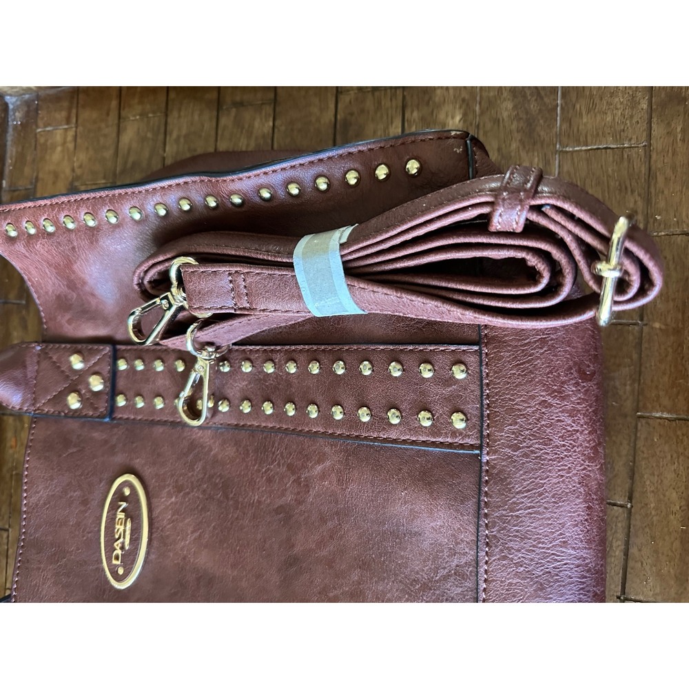 Dasein Brown Vegan Leather Studded Tote Bag Satchel with Matching Pouch Gold EUC - Picture 9 of 16